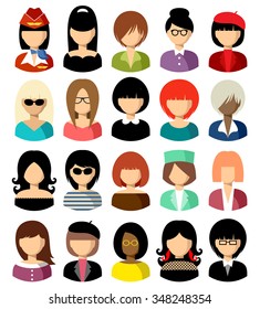 Conjunto de iconos planos con mujeres. Ilustración vectorial
