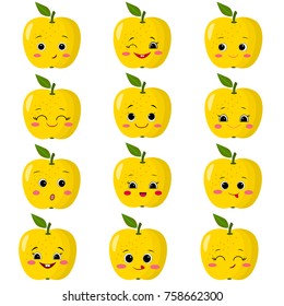 Set of flat icons of yellow apples smiles.