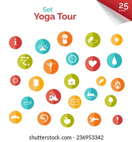 Set of flat icons for yoga poster, yoga site. Vector yoga infographics. Multicolored buttons for yoga site. Set elements for decor of yoga tour poster or yoga tour advertisement. 25 yoga icons.