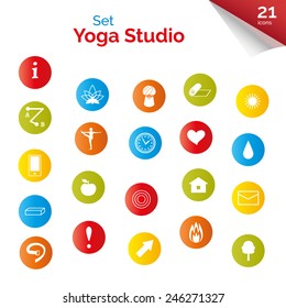 Set of flat icons for yoga poster, yoga site. Vector yoga icons. Multicolored buttons for yoga site. Set elements for decor of yoga tour poster or yoga tour advertisement. 21 yoga icons.
