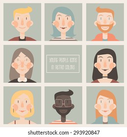 Set of flat icons with young people faces in retro colors, set of avatars