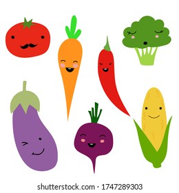 Juego de íconos planos: tomate, zanahoria, remolacha, maíz, berenjena, brócoli, pimienta picante.Colección divertida de caricaturas de vegetales.Ilustración vectorial.Verduras al estilo de Doodle.Para el diseño de postales, pancartas
