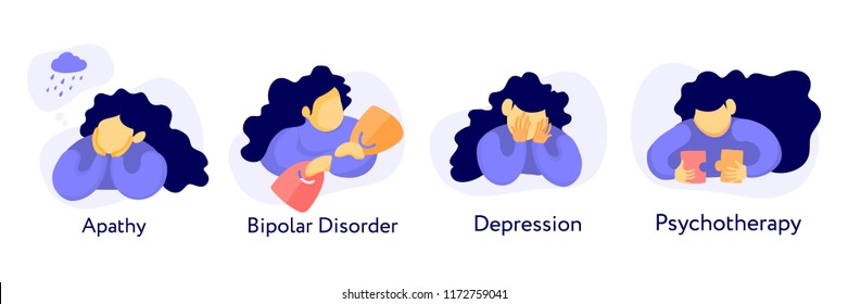 set of flat illustration about mental health: apathy, depression, bipolar disorder and psychotherapy. Young girl at differnt poses and conditions. 