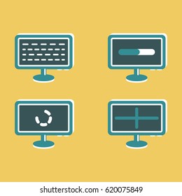 Set with flat illustration of computer in different operating status. Stylized icons in simple line and trendy colors. Vector graphics good for infographic, website design & any else.