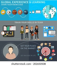 Set of flat illustration concepts for global learning, practicing and working. Flat icons for web and mobile apps.