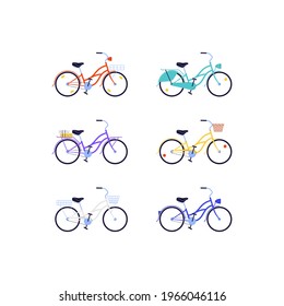a set of flat illustration of cruiser bicycles with a low frame in different colors with different accessories