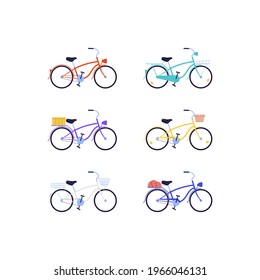 a set of flat illustration of cruiser bicycles with a high frame in different colors with different accessories
