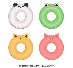Set flat illustration donuts with muzzles of animals. Vector element separately from the background.