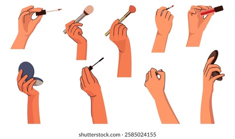Set of flat illustration hand holding beauty products for make up. Lipstick, lip gloss, eyeliner, brush. Flat graphic vector illustration isolated on white background.