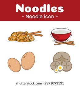 set of flat illustration icons of noodles, egg, green onion, red bowl and chopsticks