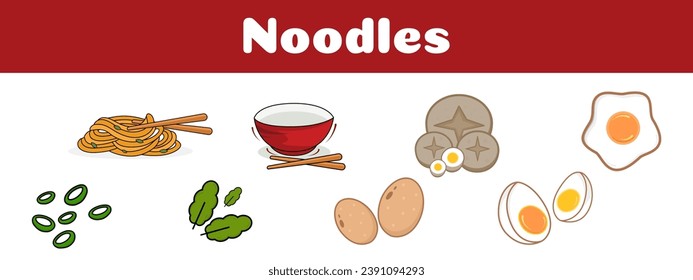 conjunto de iconos de ilustración plana de fideos, huevos, cebolla verde, tazón rojo y palillos