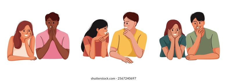 Set of flat illustration isolated on white background, people giving and sharing love, sitting, talking, embracing, dating. Men and women dating. Dating Couple in valentine day