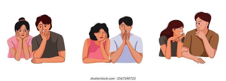 Set of flat illustration isolated on white background, people giving and sharing love, sitting, talking, embracing, dating. Men and women dating. Dating Couple in valentine day