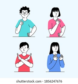 Set Flat Illustration Kids Gesture Ok, Agree and Refuse Concept