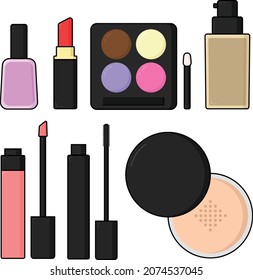 set of flat illustration style make up flat vector design, nail polish lipstick eye shadow liptint mascara cusion