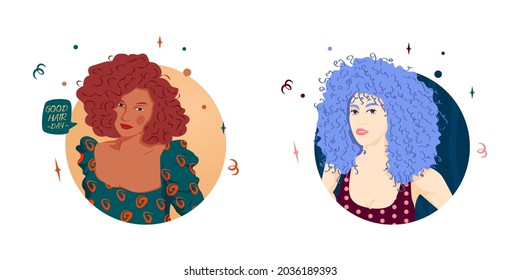 Set of Flat Illustration vector graphic of cute latina girl with wavy blonde hair. brown beautiful girl