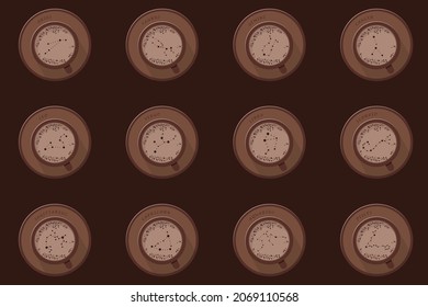 Set of flat illustrations. 12 cups of cocoa or coffe with froth shaped in zodiac constellations  