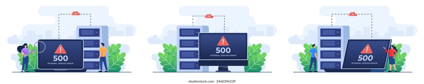 Set von flachen Abbildungen von 500 internen Serverfehlern, Website-Fehler, Netzwerkfehler, Cloud Computing
