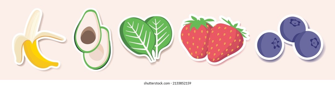 Set of flat illustrations of avocado, strawberry, blueberry, banana and spinach isolated on background. Simple icons for menu, smoothie recipes. Sticker objects