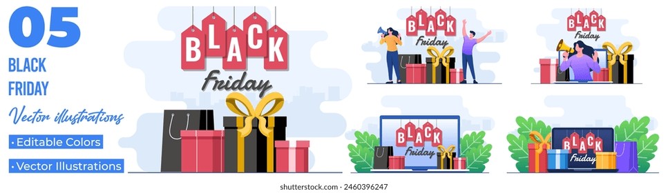 Set of flat illustrations of black Friday big sale concept, Online shopping, Big promotion discount
