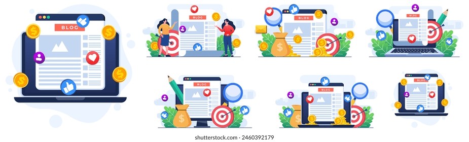 Set of flat illustrations of Blog article creation, Content creation, Blog monetization, Making money online