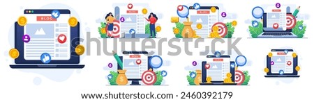 Set of flat illustrations of Blog article creation, Content creation, Blog monetization, Making money online