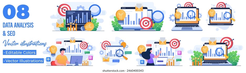 Set of flat illustrations of business performance data analysis, Search engine optimization, Market research chart, Data Analytics, Financial report, Business Strategy, Financial forecast 
