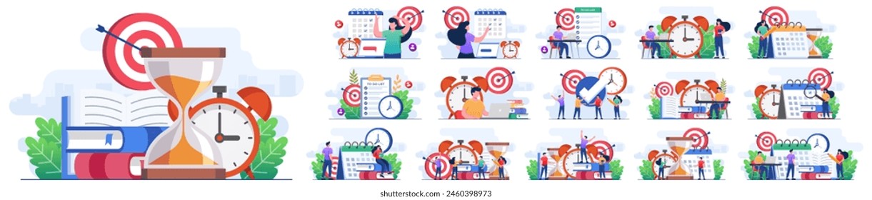 Set of flat illustrations of business time management, Project management, Productivity, Time planning, Exam deadline, Planner
