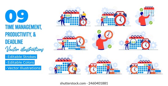 Set of flat illustrations of business time management, Project management, Productivity, Time planning, Exam deadline, Planner
