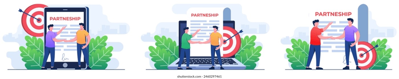 Set of flat illustrations of businessmen shaking hands over deal and agreement, Business partnership, Agreement, Organizations partnership, Partner deal 