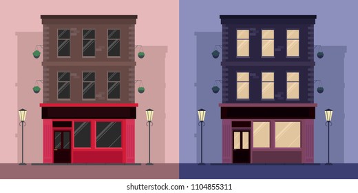 Set of flat illustrations by  Irish pub day and night. Vector illustration for your creativity.