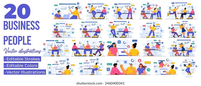 Set of flat illustrations of casual business people having an online business meeting, Video conference, Work from home, Distant business communication, Webinar, business plan, meeting
