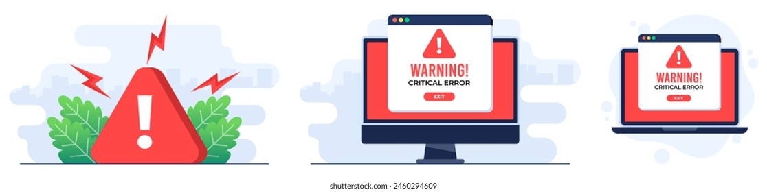 Set of flat illustrations of caution sign and symbol, Danger, and warning signs, Attention!, System error, Website temporary not available, Website down 