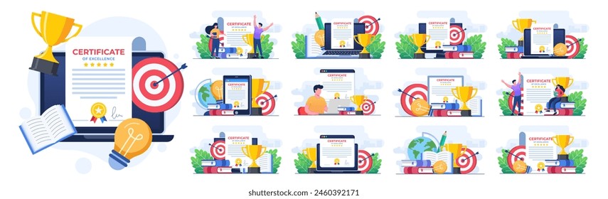 Set of flat illustrations of certificate concepts, Award, Prize and appreciation concept, Online education, training course, E-learning, Digital certificate program, Remote and distance study 