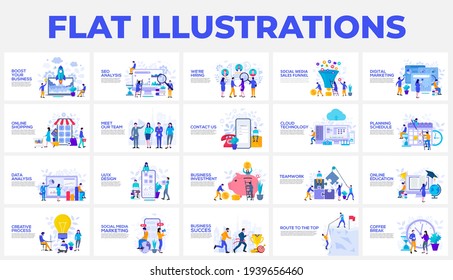 Set of flat illustrations with characters. Design, planning, shedule, investment, education, partnership and manu other themes.