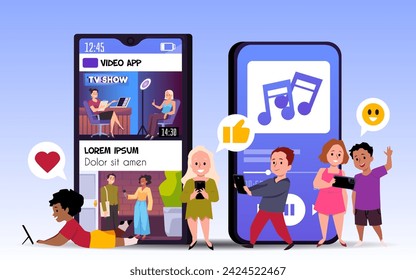 Conjunto de ilustraciones planas: niños con teléfonos, disfrutando de contenido en red, viendo videos, escuchando música y expresando gustos y emoticones. Concepto de interacción en línea.