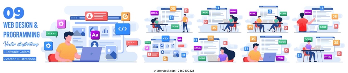 Set of flat illustrations of computer programming, Java, HTML symbols, Web design, Software, application design, programming languages, developing, website 
