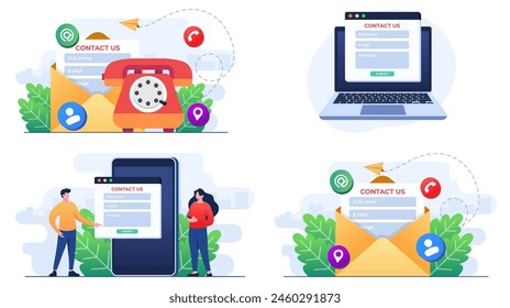  Set of flat illustrations of contact us concepts, Customer care service, Online support, Hotline, Help desk 
