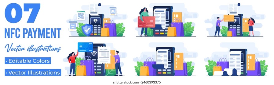 Set of flat illustrations of contactless payment scenes, Wireless mobile payment by credit card, Invoice, Shopping concept, Payment machine, Debit card 