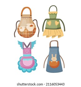 A set of flat illustrations of cooking aprons in a cartoon, hand-drawn style.