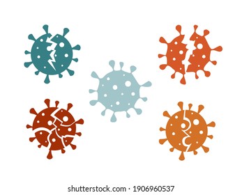 Set of flat illustrations of coronavirus on white background, destruction of virus, broken pandemic covid-19, battered the virus. New design, cartoon style illustration.