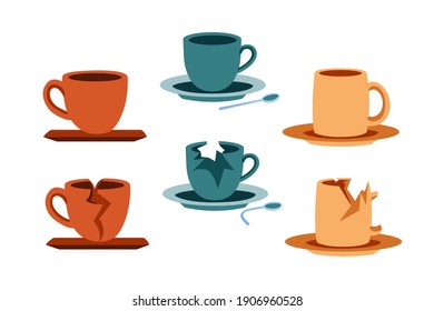 Set of flat illustrations of cups for tea and coffee on a white background, broken dishes, shards of mugs, crumpled teaspoon. A pogrom in the kitchen, a broken tea set, the repair of earthenware.