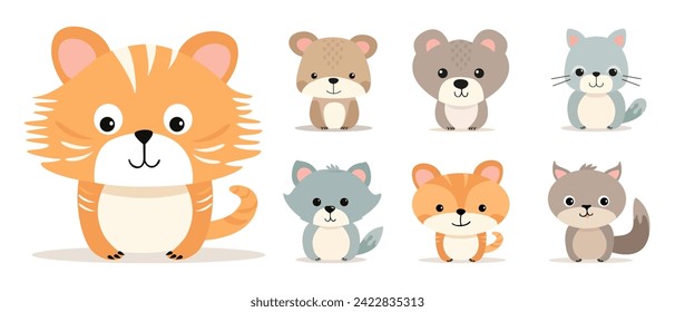 Set of flat illustrations of cute cartoon animals on a white background. Vector stylized characters for creating cards and banners. Bears, cats, wolf or dog, tigers