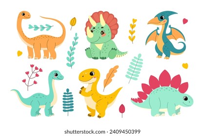 Conjunto de ilustraciones planas de lindos dinosaurios, Diplodocuments y Tyrannosaurus, Pterodactyl y Stegosaurus, Triceratops y Brontosaurus