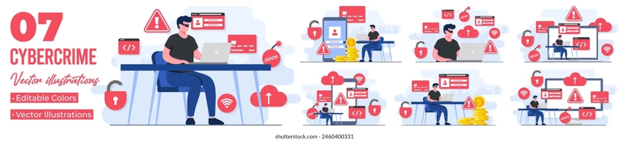 Set of flat illustrations of cybercrime, Fraud scam, Hacker steal private data on device, Online phishing, Bulgar steal, Malware, password phishing, DDOS attack, Credit card scam 
