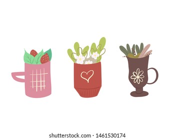 Set of flat illustrations of decorative cups of tea with foliage and various ingredients. Summer teas with berries, chamomile and foliage. Magical vector kit for recipes, cards and your creativity