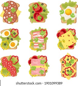 A set of flat illustrations of delicious breakfast toast.Fried pieces of bread with sausage, cheese, eggs, bacon and ham with tomatoes.Food for breakfast, food for lunch,food for dinner.