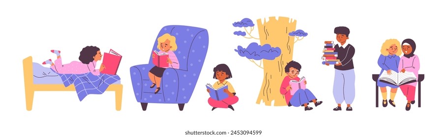 A set of flat illustrations depicting children engrossed in reading books. Isolated Characters in different scenery and poses with books. Concept of homework or reading books.