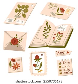 Un conjunto de ilustraciones planas que representan hojas de un herbario en un libro, en una página, un sello postal, un sobre. Una ramita, una flor en el catálogo. elemento decorativo de diseño floral, cinta adhesiva