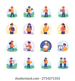 Conjunto de ilustraciones planas representa una variedad de personal de entrega